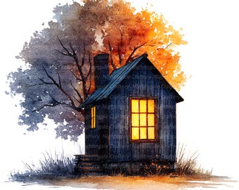 10 Cozy Forest Cabin Clipart, Autumn Clipart, Printable Watercolor clipart, High Quality JPGs, Digital download, Paper craft, junk journal