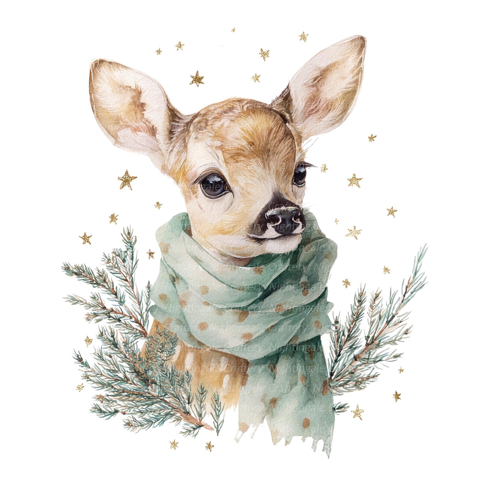 9 Christmas Fawn Clipart, Deer With Scarf, Printable Watercolor Clipart ...