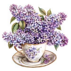 10 Lila en imágenes prediseñadas de taza de té, taza de té floral, imágenes prediseñadas de acuarela imprimibles, JPG de alta calidad, descarga digital, artesanía de papel, diario basura