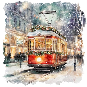 10 świątecznych tramwajów Clipart, zabytkowy tramwaj, drukowane akwarelowe cliparty, wysokiej jakości JPG, pobieranie cyfrowe, papierowe rzemiosło, dziennik śmieci