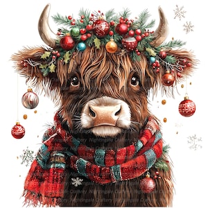 May include: A brown Highland cow with a red and green scarf and a wreath of holly and Christmas ornaments on its head.