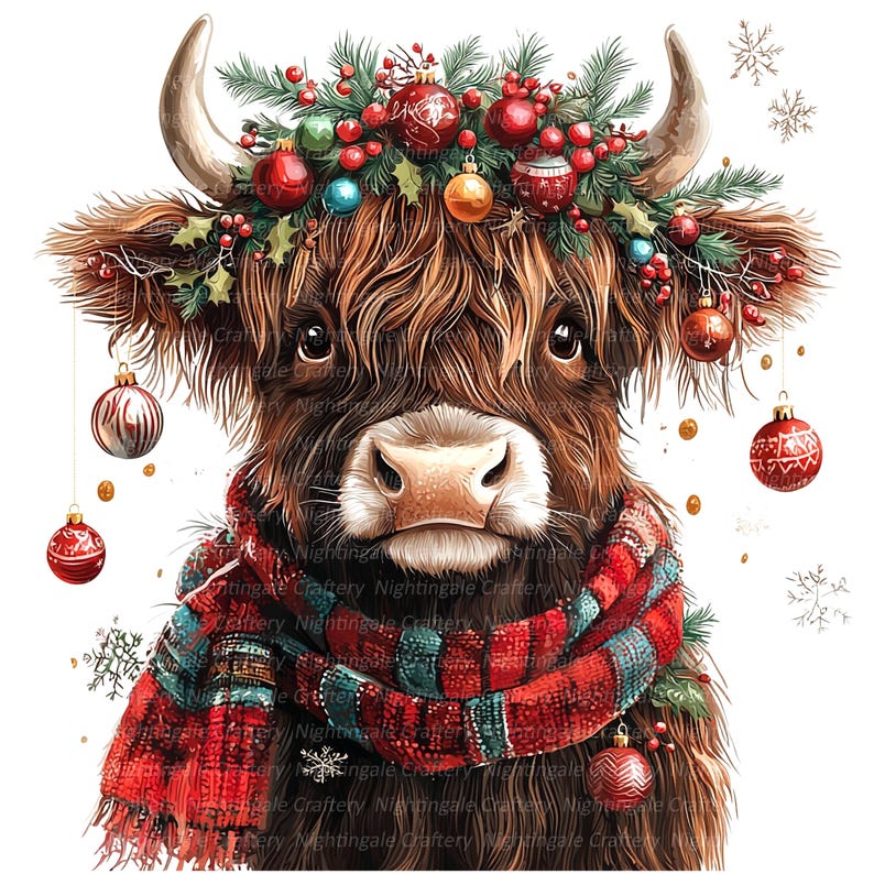 May include: A brown Highland cow with a red and green scarf and a wreath of holly and Christmas ornaments on its head.