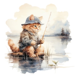 10 imágenes prediseñadas de gato pescando, gato pescador, imágenes prediseñadas de acuarela imprimibles, archivos JPG de alta calidad, descarga digital, manualidades de papel, diario basura