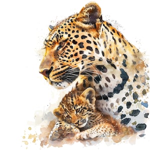 9 Leopard And Baby Leopard Clipart, Printable Watercolor clipart, High Quality JPG, Digital download, Paper crafts, junk journal