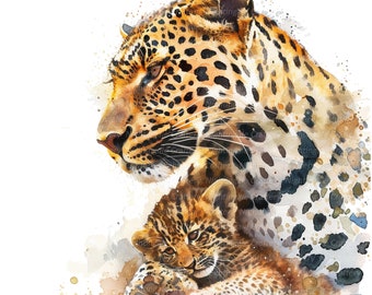 9 Leopard And Baby Leopard Clipart, Printable Watercolor clipart, High Quality JPG, Digital download, Paper crafts, junk journal