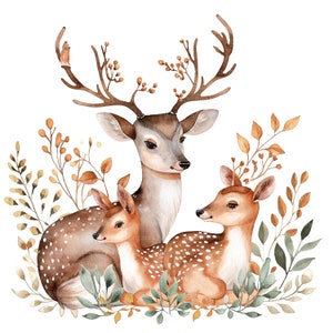 8 Clipart di cartoni animati di famiglia di cervi, Clipart di cervi boho, Clipart di acquerelli stampabili, JPG/PNG di alta qualità, Download digitale, Carta artigianale, diario