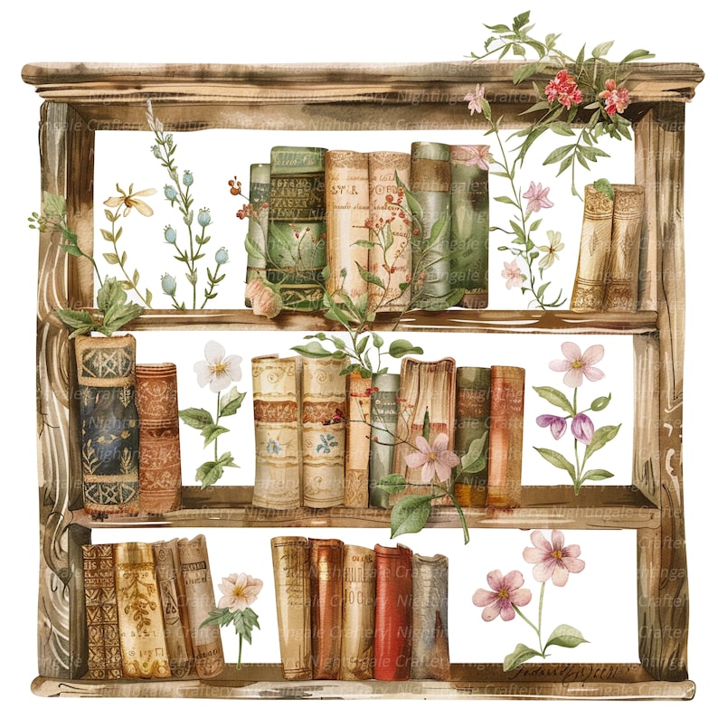May include: A wooden bookshelf with three shelves filled with vintage books. The shelves are decorated with watercolor illustrations of flowers and greenery.
