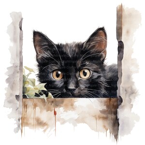 May include: A black cat with yellow eyes peeks through a wooden fence. The cat's fur is painted in a watercolor style, and the background is a soft, blurred watercolor wash.