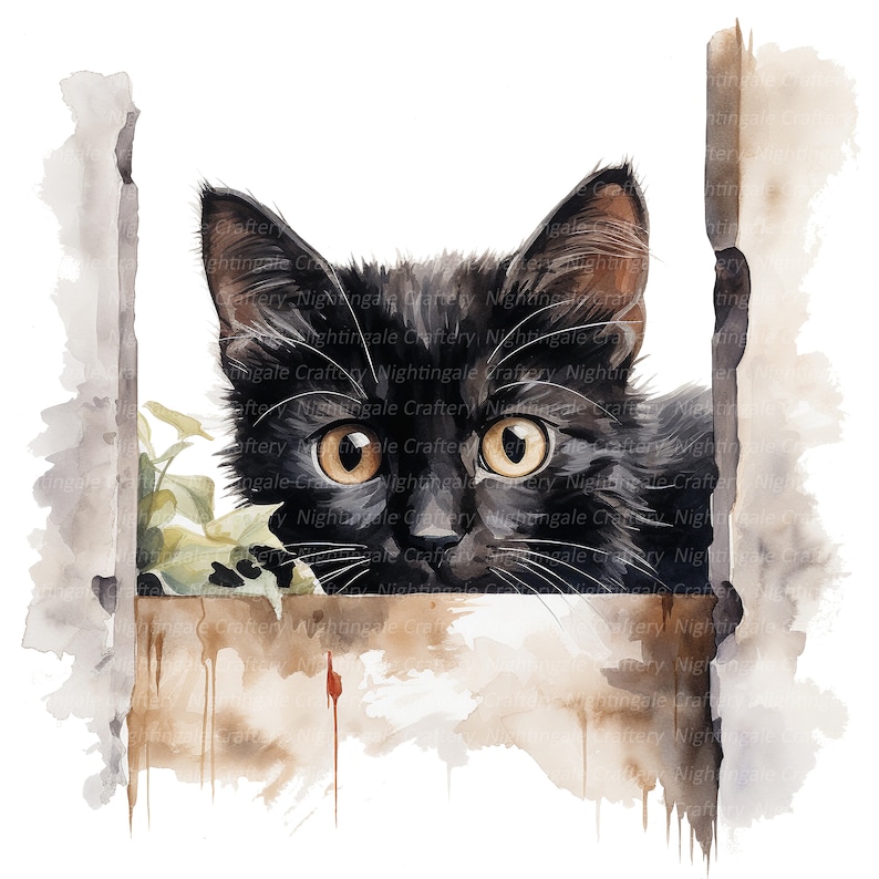 May include: A black cat with yellow eyes peeks through a wooden fence. The cat's fur is painted in a watercolor style, and the background is a soft, blurred watercolor wash.