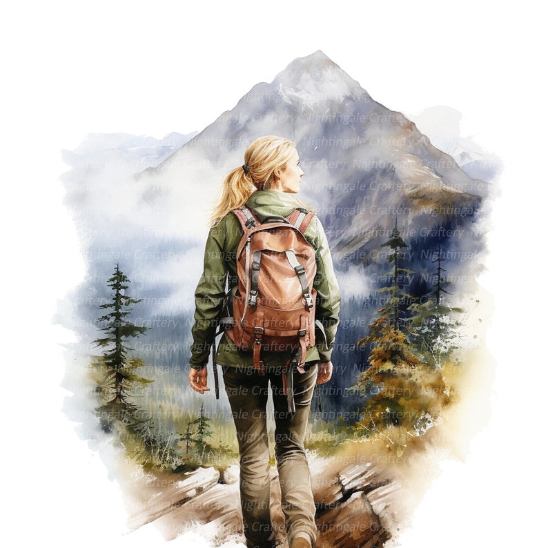May include: A woman wearing a green jacket and brown backpack walks on a trail in a mountainous landscape. The background features a misty mountain range with a cloudy sky.