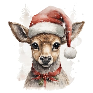 12 Deer With Santa Hat Clipart, Reindeer, Fawn, Printable Watercolor ...