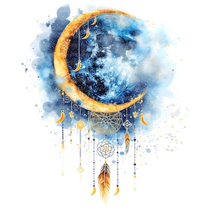 8 Abstrakcyjny księżyc Clipart, Dreamcatcher Print, Wydrukowany akwarelowy clipart, Wysokiej jakości JPG, Pobieranie cyfrowe, Rękodzieło papierowe, dziennik śmieci