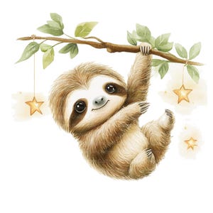 May include: A watercolor illustration of a brown sloth hanging from a branch with yellow stars hanging from the branch. The sloth has a happy expression on its face.
