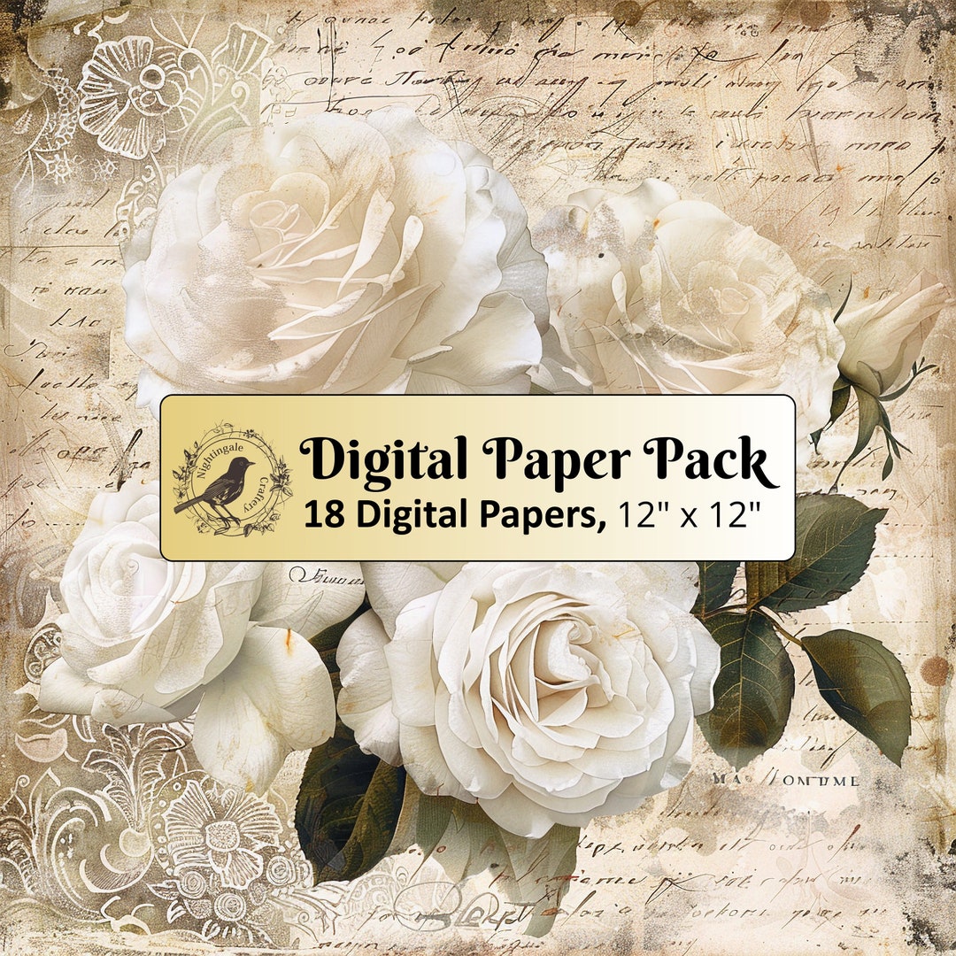 18 White Roses Vintage Background Papers, 12 X 12 Digital Paper Pack ...