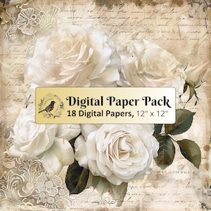 18 documenti di sfondo vintage Rose bianche, pacchetto di carta digitale 12 x 12, carta per diario spazzatura, carta per album, carta stampabile, JPG di alta qualità