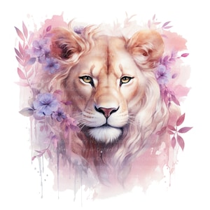 May include: A watercolor painting of a lion's head with a soft, white mane. The lion is surrounded by pink and purple flowers and leaves. The background is a soft pink watercolor wash.