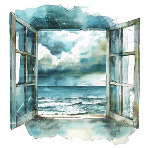 12 Window With Storm View Clipart, Window to sea Clipart, Printable Watercolor clipart, High Quality JPGs, Digital download, Paper craft
