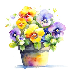 12 cliparts pensées, pensées en pot, clipart aquarelle imprimable, JPG de haute qualité, téléchargement numérique, créations en papier, journal indésirable