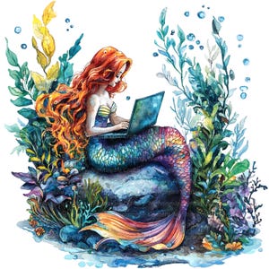 10 cliparts aquarelle sirène, ordinateur portable sirène, clipart aquarelle imprimable, fichiers JPG de haute qualité, téléchargement numérique, créations en papier, journaux indésirables