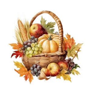8 Clipart di cestini autunnali, Cestini del Ringraziamento, Clipart di acquerelli stampabili, PNG di alta qualità, Download digitale, Carta artigianale, Diario spazzatura