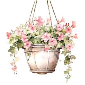 Peut inclure: Illustration à l'aquarelle d'un panier suspendu rempli de pétunias roses et de feuillage vert. Le panier est de couleur beige clair et est suspendu par une corde. Les fleurs retombent sur les côtés.