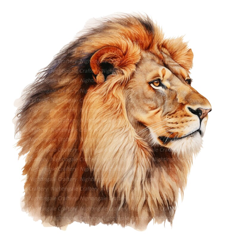 Puede incluir: Una pintura de acuarela de la cabeza de un le&oacute;n con una melena espesa. El le&oacute;n est&aacute; mirando hacia la derecha, con una expresi&oacute;n seria. La pintura est&aacute; hecha en tonos de marr&oacute;n, naranja y amarillo.