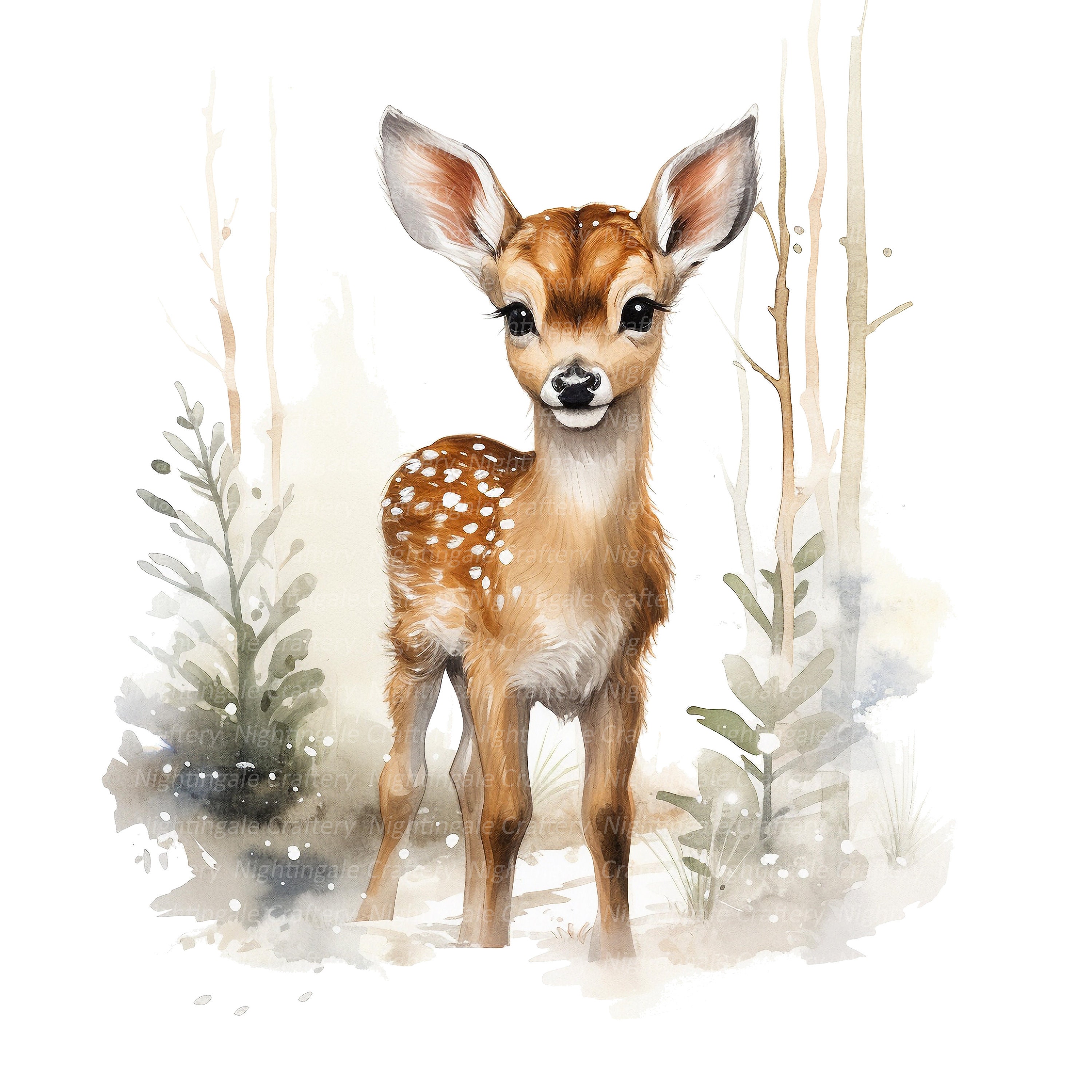 12 Fawn Baby in Winter Clipart, Bemby, Printable Watercolor