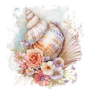 14 Floral Muscheln Clipart, Muschel Clipart, druckbare Aquarell Clipart, hochwertige JPGs, digitaler Download, Papiermodell, Junk Journal