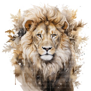 May include: A watercolor painting of a lion's face with a brown and gold color scheme. The lion's mane is full and flowing, and its eyes are intense. The background is a soft, abstract design with splashes of color.