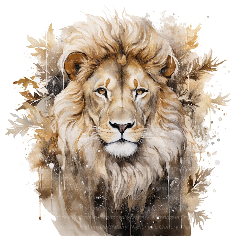 May include: A watercolor painting of a lion's face with a brown and gold color scheme. The lion's mane is full and flowing, and its eyes are intense. The background is a soft, abstract design with splashes of color.