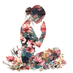 May include: Watercolor illustration of a person in a seated prayer pose, filled with floral patterns in shades of pink, red, and blue. The figure is surrounded by colorful flowers and foliage, set against a white background.