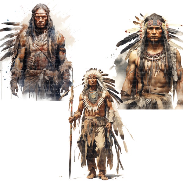 14 cliparts guerrier indien amérindien, clipart aquarelle imprimable, JPG de haute qualité, téléchargement numérique, créations en papier, journal indésirable