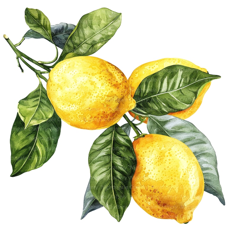 May include: Watercolor painting of three yellow lemons with green leaves on a white background.