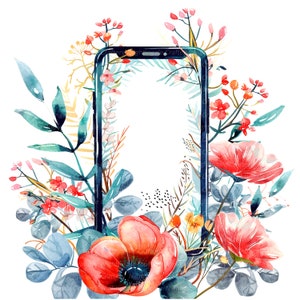 12 Imágenes prediseñadas florales para teléfonos móviles, marco de teléfono inteligente, imágenes prediseñadas digitales, imágenes prediseñadas de acuarela imprimibles, descarga digital, artesanía de papel, diario basura