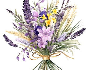 May include: A watercolor painting of a bouquet of purple lavender, yellow daffodils, and pink flowers tied together with a gold ribbon.