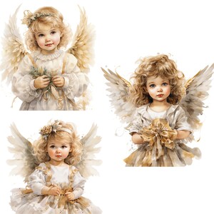 K&ouml;nnte beinhalten: Drei Aquarelle von Engeln mit goldenen Fl&uuml;geln. Jeder Engel ist ein junges M&auml;dchen mit blonden Haaren und einem wei&szlig;en Kleid. Die Engel halten verschiedene Gegenst&auml;nde, darunter einen Blumenstrau&szlig;, eine goldene Schleife und eine kleine Rose.