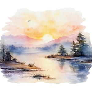 Puede incluir: Una pintura de acuarela de una puesta de sol sobre un lago en las monta&ntilde;as. El cielo es una mezcla de rosa, naranja y amarillo, y el sol se pone detr&aacute;s de las monta&ntilde;as. El lago es de un azul profundo, y hay &aacute;rboles en la orilla.