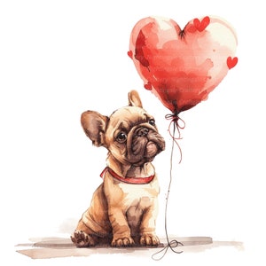 7 Puppy with Balloon Clipart, Valentine Card, Printable Watercolor clipart, High Quality JPGs, Digital download, Paper craft, junk journals
