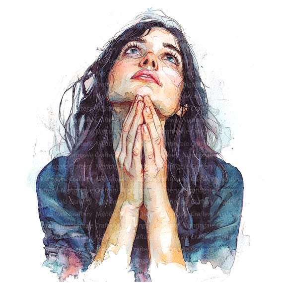 聖書に登場する祈る女性のイラスト8点セット2、祈り、印刷可能な水彩画