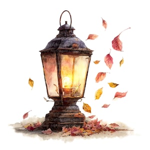 May include: Watercolor illustration of a vintage lantern with a warm, glowing light. The lantern is dark brown with glass panels, surrounded by falling autumn leaves in shades of red, orange, and yellow. The text "Craftery Nightingale" is visible.