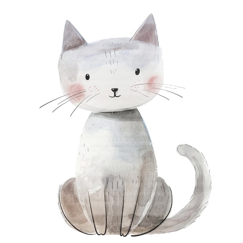 May include: A watercolor illustration of a gray cat sitting with its tail curled around its body. The cat has pink cheeks and a sweet expression.