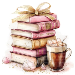 Peut inclure: Une pile de livres roses et dorés avec un nœud en ruban doré sur le dessus. Un mug en verre avec une boisson brune et des guimauves blanches est à côté des livres. L'arrière-plan est blanc avec des paillettes dorées.