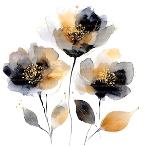 May include: Watercolor painting of three stylized flowers in shades of black, gold, and white. The flowers have detailed golden centers and are accented with gold outlines and leaves. The artwork is on a white background.