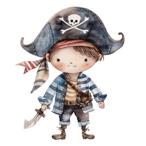 12 cliparts pirates de dessin animé, impression pirates mignons, clipart aquarelle imprimable, JPG de haute qualité, téléchargement numérique, créations en papier, journal indésirable image 3