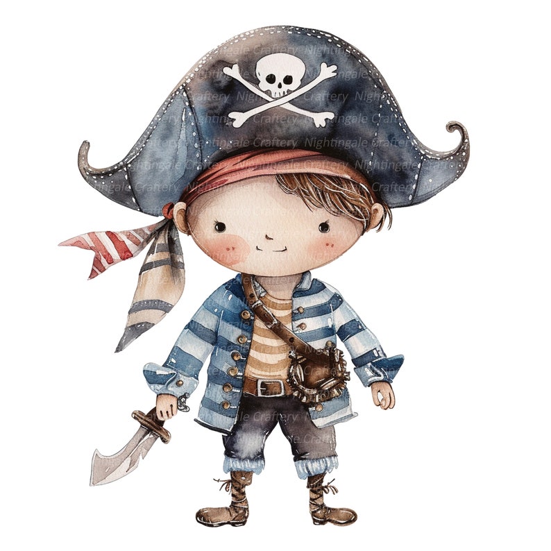 12 cliparts pirates de dessin animé, impression pirates mignons, clipart aquarelle imprimable, JPG de haute qualité, téléchargement numérique, créations en papier, journal indésirable image 3