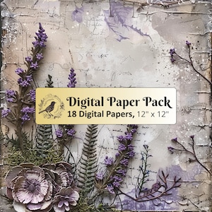 18 carte Vintage Lavender Foliage, pacchetto di carta digitale 12 x 12, carta per diario spazzatura, carta per album, carta stampabile, JPG di alta qualità