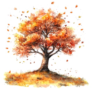 May include: Watercolour painting of an autumnal tree. The tree features a brown trunk and branches, adorned with vibrant orange and yellow leaves. Several leaves are falling. The tree is on a small grassy hill.