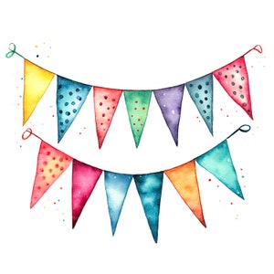 May include: Watercolor illustration of two rows of colorful pennant banners. Each banner is a different color, including yellow, blue, red, green, purple, and orange. Some pennants have polka dots. The banners are strung on black string.