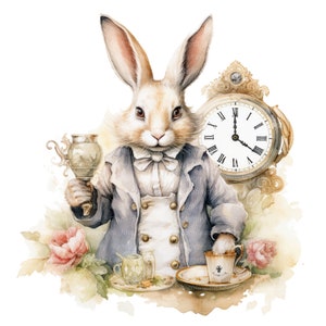 7 Clipart White Rabbit, Alice nel Paese delle Meraviglie, clipart acquerello stampabile, JPG di alta qualità, download digitale, artigianato con la carta, diario spazzatura