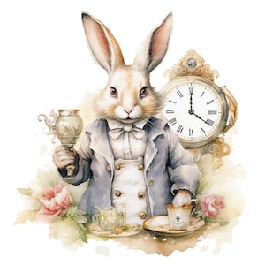 7 cliparts lapin blanc, Alice au pays des merveilles, clipart aquarelle imprimable, JPG/PNG de haute qualité, téléchargement numérique, créations en papier, journal indésirable
